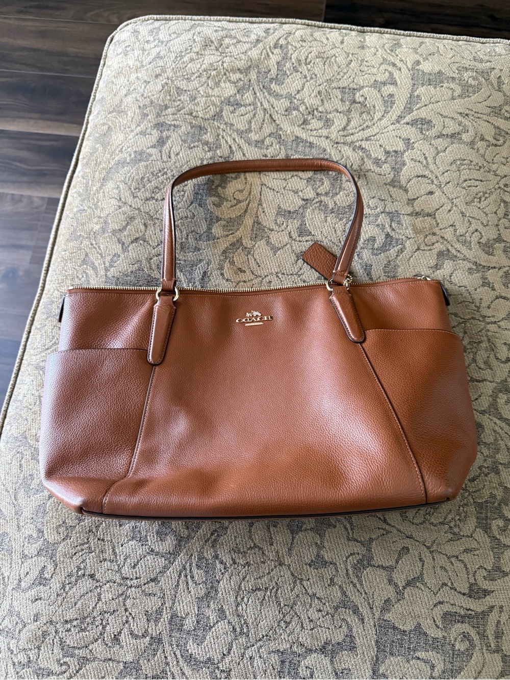 Coach Cognac Pebbled Leather Tote with Gold Logo